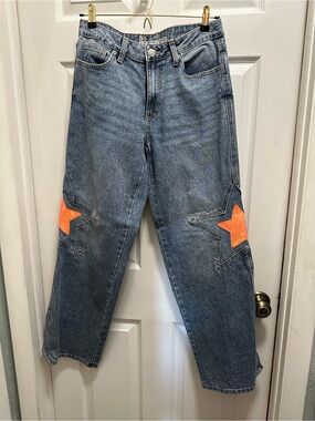 No Boundaries Women's Blue Straight-Leg Jeans with Upcycled Orange Star Patches